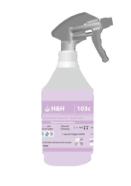 H&H 103C Cleaner/Sanitiser Printed Bottles Incl Triggers (1:100) 750ml (x6)
