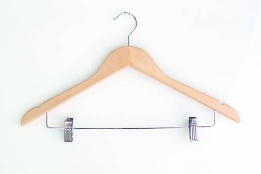 Wood Hanger Conventional Hook - Natural Beech w/ Metal Trouser Bar and Skirt Clips (x50)